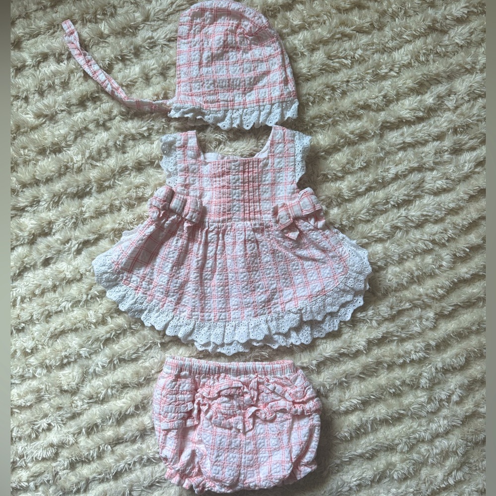 Pink dress set with matching bonnet